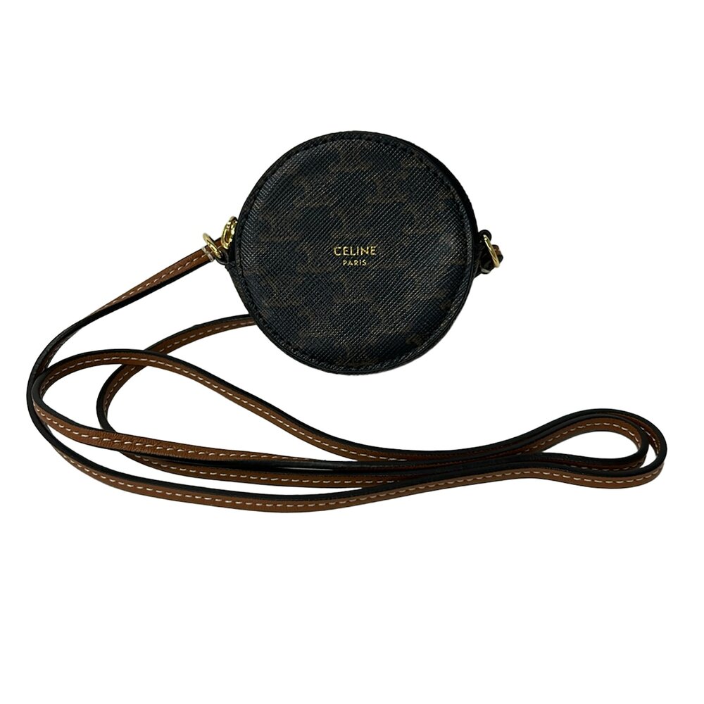 Celine Coin Purse On Strap Coin Case Dark Brown Triomphe Canvas Leather